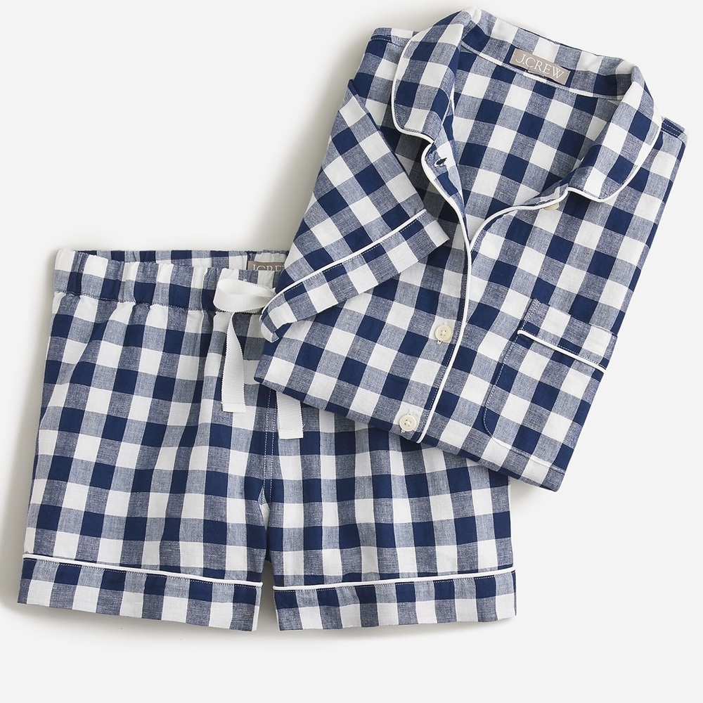 J Crew Linen Cotton Gingham Short Pajama Matching Set 3X Blue White Gingham